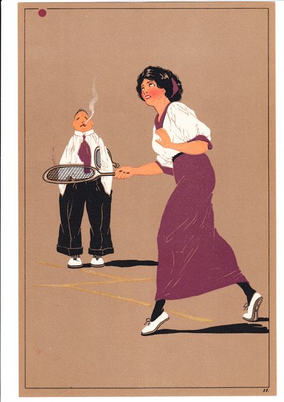 Rycina przedstawiająca dwóch tenisistów w humorystycznych i komicznych pozach, ok. 1920 autorstwa English School