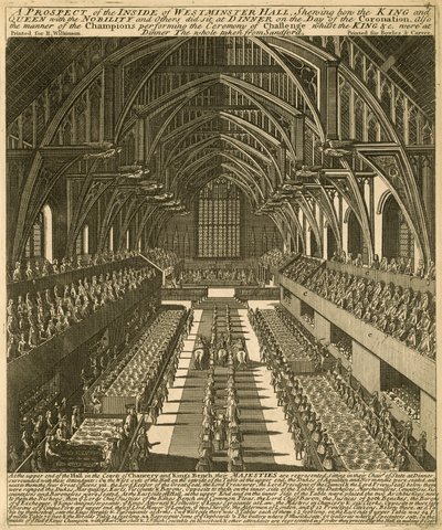 Perspektywa wnętrza Westminster Hall pokazująca, jak król i królowa, wraz ze szlachtą i innymi, zasiadali do kolacji w dniu koronacji autorstwa English School