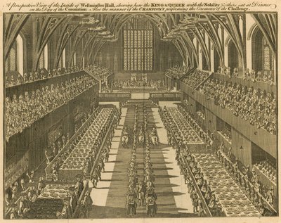 Perspektywa wnętrza Westminster Hall pokazująca, jak król i królowa, wraz ze szlachtą i innymi, zasiadali do kolacji w dniu koronacji autorstwa English School