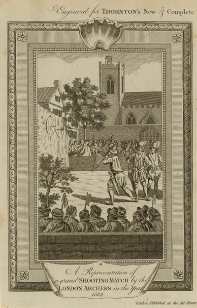 Reprezentacja wielkiej strzelaniny przez łuczników londyńskich w 1583 r. autorstwa English School