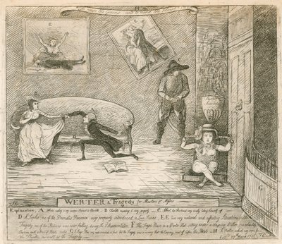 Scena z burleski F Reynoldss Werter, po raz pierwszy wystawiona w Covent Garden Theatre w Londynie, 14 marca 1786 autorstwa English School