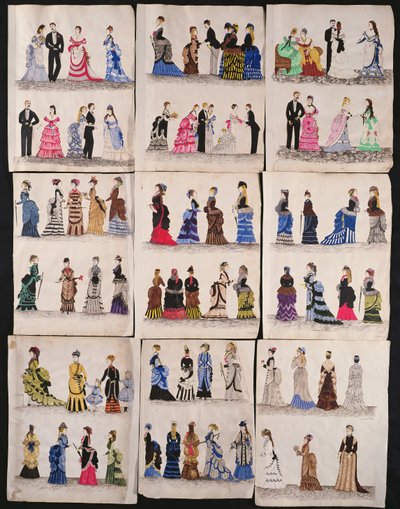 Wybór mody wiktoriańskiej, w tym suknie balowe i spacerowe, ok. 1876 r. (wc na papierze) autorstwa English School