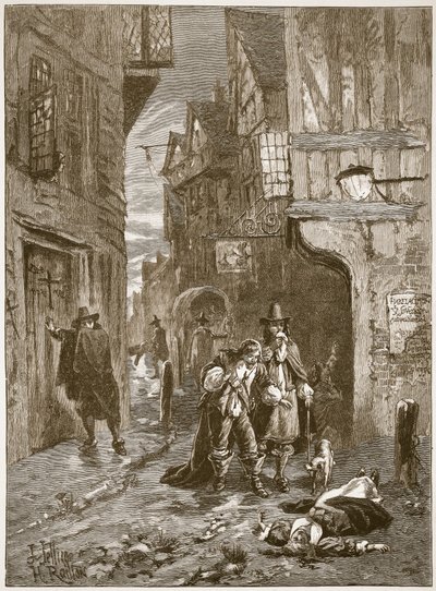 Ulica w Londynie podczas Wielkiej Plagi, ilustracja z Cassells Illustrated History of England (zdjęcie w sepii) autorstwa English School