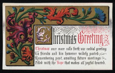 Wiersz z kwiatowym wzorem przewijania, kartka z życzeniami świątecznymi. (chromolit) autorstwa English School