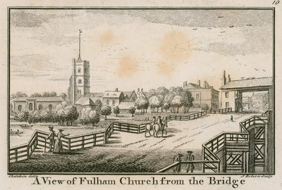 Widok na kościół Fulham w Londynie z mostu Fulham Bridge autorstwa English School