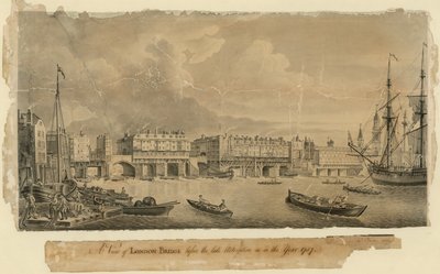 Widok na London Bridge przed późną przebudową jak w 1757 roku autorstwa English School