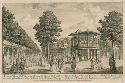 Widok na Vauxhall Gardens w Londynie, pokazujący wielki spacer przy wejściu do Ogrodu i Orkiestrę z odtwarzaną muzyką autorstwa English School
