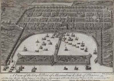 Widok na miasto i port Aleksandrii oraz wyspę Faros, Egipt, 1738 autorstwa English School