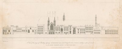 Widok na pasmo budynków sąsiadujących z Westminster Hall i naprzeciw Tamizy autorstwa English School