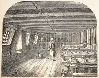 Oddział na pokładzie Hulk Obrony zorganizował powrót skazanych na obiad, ilustracja z The Criminal Prisons of London i Scenes from Prison Life Henry