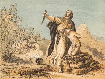 Abraham ofiarowujący Izaaka (kolorowy grawerunek) autorstwa English School