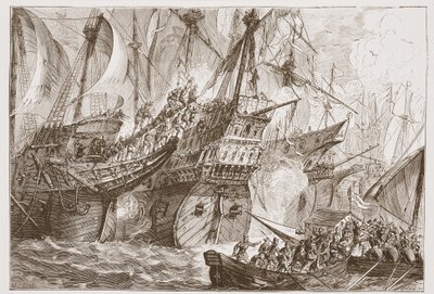 Akcja między flotą hiszpańską a statkami żebraków morskich, ilustracja z Historii protestantyzmu Jamesa Aitkena Wylie (1808-1890), wyd. 1878 autorstwa English School