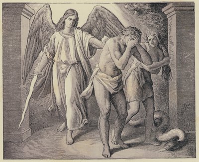 Adam i Ewa wyrzuceni z rajskiego ogrodu (rycina) autorstwa English School
