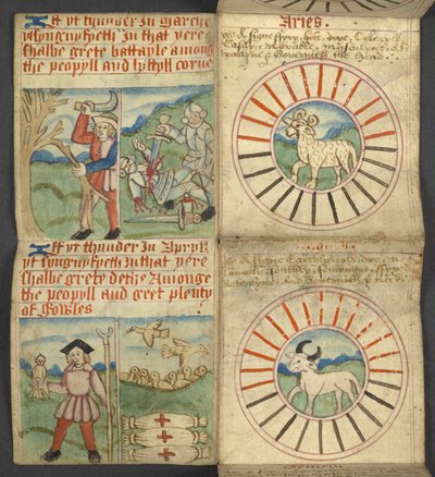 Dodać. 17367, f.4r Aries & Taurus, z Almanachu, zawierająca tablicę liter dominikalnych i złotych cyfr; wskazówki, jak znaleźć ruchome święta; kalendarz świętych, epoki, spis suwerenów angielskich, prognozy pogody, wpływ znaków t autorstwa English School