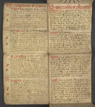 Dodać. 17367, f.9r z Almanachu, zawierający tablicę liter dominikalnych i złotych cyfr; wskazówki, jak znaleźć ruchome święta; kalendarz świętych, epoki, spis suwerenów angielskich, prognozy pogody, wpływ znaków zodiaku (vellu autorstwa English School