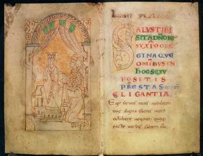 Dodaj 33241 ff.1v-2 Królowa Emma żona Ethelreda II i Cnut otrzymuje książkę od jej autora; Tekst z dużymi literami „S” autorstwa English School