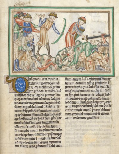 Dodaj 35166 f.35 Zabijanie ludzi, sceny biblijne z Apokalipsy św. Jana, Apokalipsa po łacinie z komentarzem (tusz i kolor na welinie) autorstwa English School