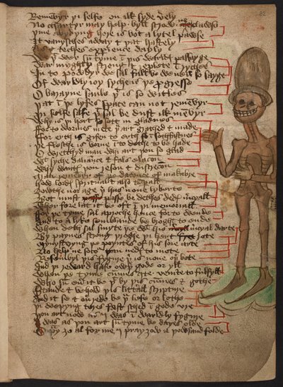 Dodaj 37049 f.32 Marginalny obraz uśmiechniętego szkieletu machającego w wysokim kapeluszu, ilustrującego „Świt Makabre” ok. 1460-1500 (tusz i kolor na welinie) autorstwa English School