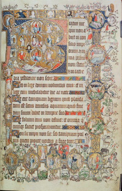 Dodaj 39810 f.7r Historyczny inicjał „B” z drzewem Jessego i dziewięcioma rundami, z psałterza św. Omera, c.1330-40 (welum) autorstwa English School