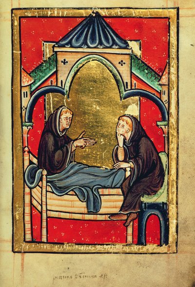 Dodaj 39943 f.21 Boisil, przeor Cuthberta w Melrose, na łożu śmierci, z „Life and Miracles of St. Cuthbert” Bede, łac. (Durham) (welum) autorstwa English School