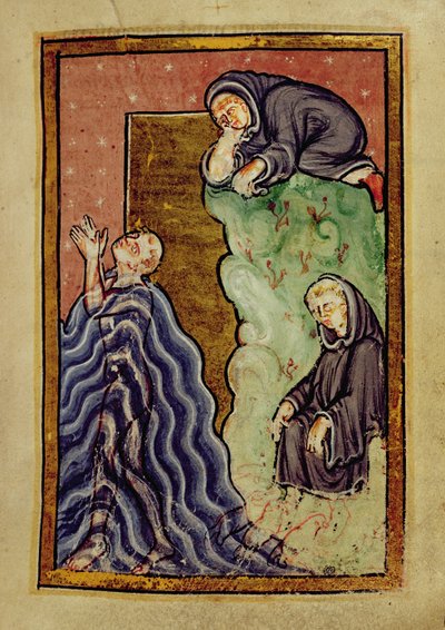 Dodaj 39943 f.24 Św. Cuthbert modlący się w morzu obserwowany przez mnicha, którego stopy wysuszone przez wydry morskie, z „Życie i cuda św. Cuthberta” Bedy, łac. (Durham) (welum) autorstwa English School