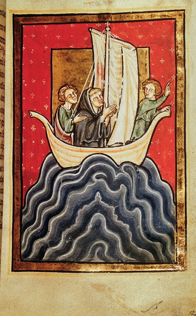 Dodaj 39943 f.2b St. Cuthbert i dwóch braci powracających z ziemi Piktów, z „Życie i cuda św. Cuthberta” Bedy, łac. (Durham) (wellum) autorstwa English School