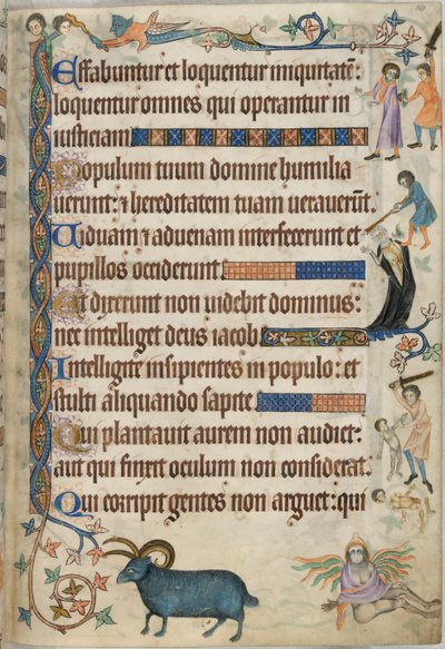 Dodać. 42130 , f.169, Psalm 93, sceny mordu, z „Psałterza Luttrella”, c.1325-35 (welum) autorstwa English School