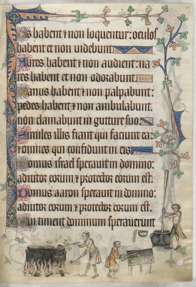 Dodać. 42130, f.207 Przygotowywanie i gotowanie potraw, ilustracja z „Psałterza Luttrella”, c.1325-35 (welum) autorstwa English School