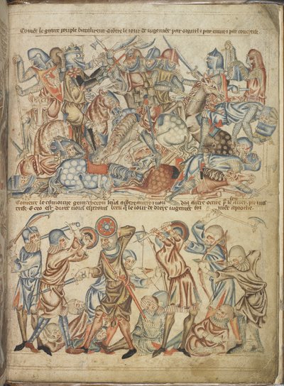 Dodaj 47682 f.40 Rówieśnicy i zwykli ludzie walczący w bitwie pod Bannockburn, z „Biblii Holkham”, ok. 1320–30 (welin) autorstwa English School