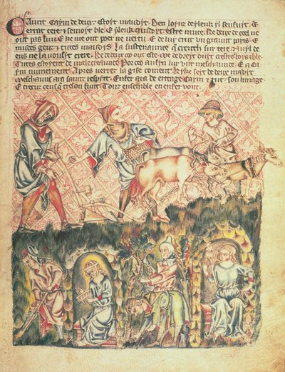 Dodaj 47682 f.6 Kain i jego potomkowie, z „Biblii Holkham”, c.1320-30 (welum) autorstwa English School