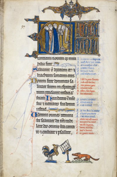 Dodać. 50000, f.146v Psalm 97; inicjał „C”, trzej urzędnicy przy mównicy, śpiewający. U stóp folio, kogucik przemawiający do lisa, z psałterza Oscott, ok. 1265-70 (welum) autorstwa English School