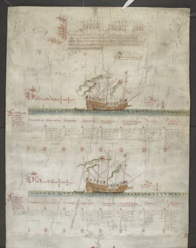 Dodaj MS 22047 f.1r, The galeass Grand Mistress i Anne Gallant z „The Anthony Roll” autorstwa English School