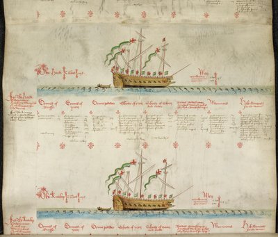 Dodaj MS 22047 f.2r, Serce galeasa i Antylopa galeasa, z filmu „The Anthony Roll” autorstwa English School