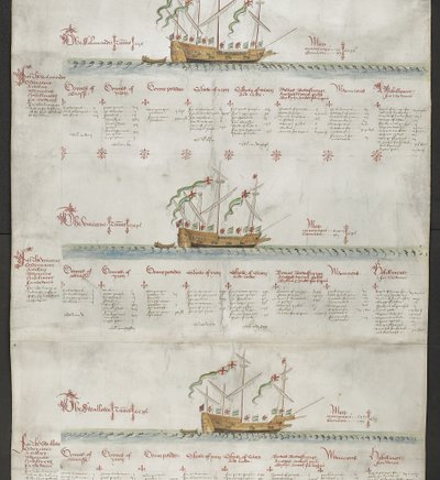 Dodaj MS 22047 f.4r Galeass Jednorożec i Jaskółka z filmu „The Anthony Roll” autorstwa English School