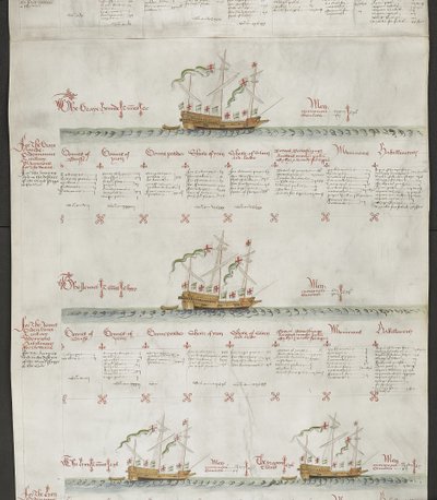 Dodaj MS 22047 f.6r Galleasses: Greyhound, The Jennet, The Lion and The Dragon, z „The Anthony Roll” autorstwa English School