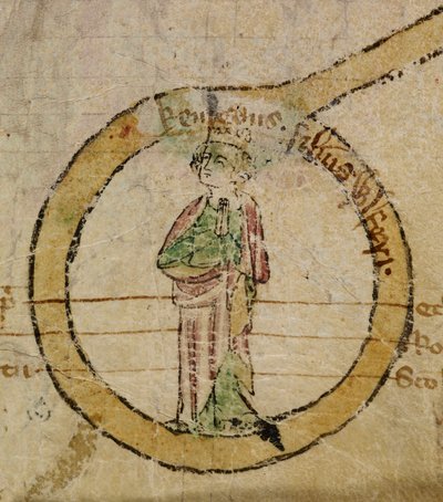 Dodaj papiery MS 47170 EGMONT. Tom. CCLI „[A] zwój napisany po łacinie i francusku z królami Anglii przedstawionymi po obu stronach przez brata Waltera de Witteliseye, mnicha z klasztoru Burgo San Pietro. Niech Bóg zmiłuje się nad jego duszą. Amen