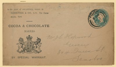 Etykieta adresowa firmy Rowntree & Co, The Cocoa Works, York autorstwa English School