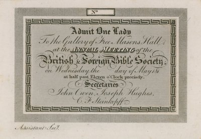 Bilet wstępu do Dorocznego Zagranicznego Towarzystwa Biblijnego w Freemasons Hall autorstwa English School
