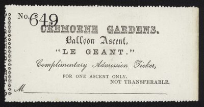 Bilet wstępu na wzlot balonu Le Geant z Cremorne Gardens w Londynie autorstwa English School