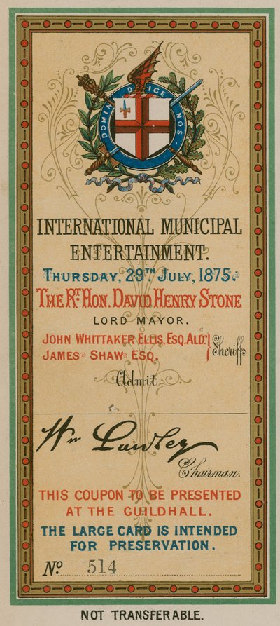 Bilet wstępu do International Municipal Entertainment w Guildhall w Londynie, 29 lipca 1875 r. autorstwa English School