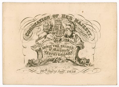 Bilet wstępu do St Margarets Vestry Gallery na koronację królowej Wiktorii, 28 czerwca 1838, od frontu autorstwa English School