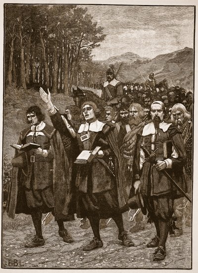 Przejście Przymierza przez granicę do Anglii, ilustracja z Cassells Illustrated History of England (zdjęcie w sepii) autorstwa English School