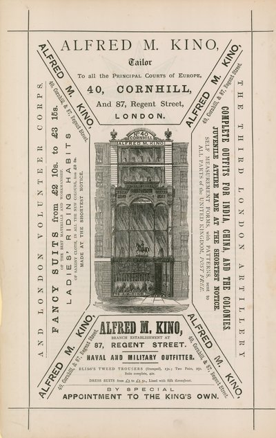 Ogłoszenie Alfreda M Kino, krawca, 40 Cornhill i 87 Regent Street, Londyn autorstwa English School