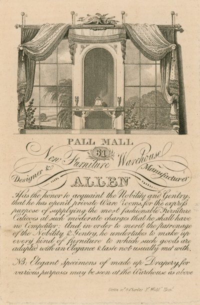 Reklama nowego magazynu mebli Allens, 61 Pall Mall, Londyn autorstwa English School
