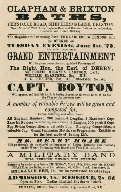 Ogłoszenie Clapham and Brixton Baths, Ferndale Road, Shepherds Lane, Brixton, Londyn; z udziałem kapitana Boytona autorstwa English School