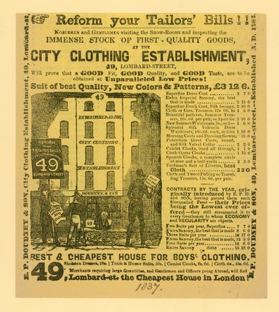 Ogłoszenie dla Doudney & Son, City Clothing Establishment, 49 Lombard Street, Londyn autorstwa English School
