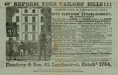 Ogłoszenie Doudney & Son, miejskiego zakładu odzieżowego, 49 Lombard Street, Londyn autorstwa English School