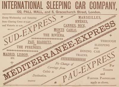 Ogłoszenie International Sleeping Car Company, 122 Pall Mall i 5 Graceshurch Street, 1888 autorstwa English School