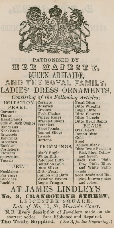 Ogłoszenie Jamesa Lindleysa, 3 Cranbourne Street, Leicester Square, Londyn autorstwa English School