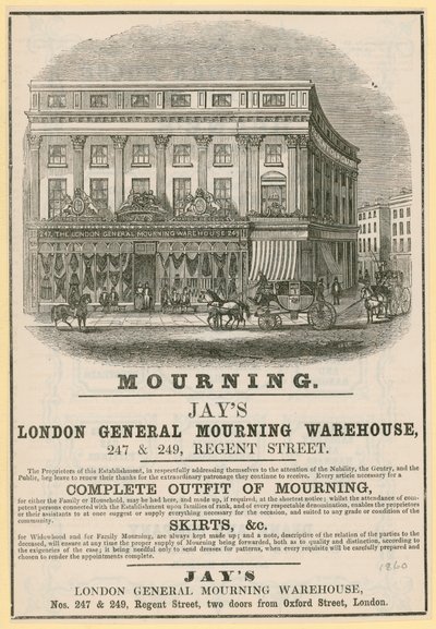 Ogłoszenie dla Jays, London General Mourning Warehouse, 247 & 249 Regent Street, Londyn autorstwa English School